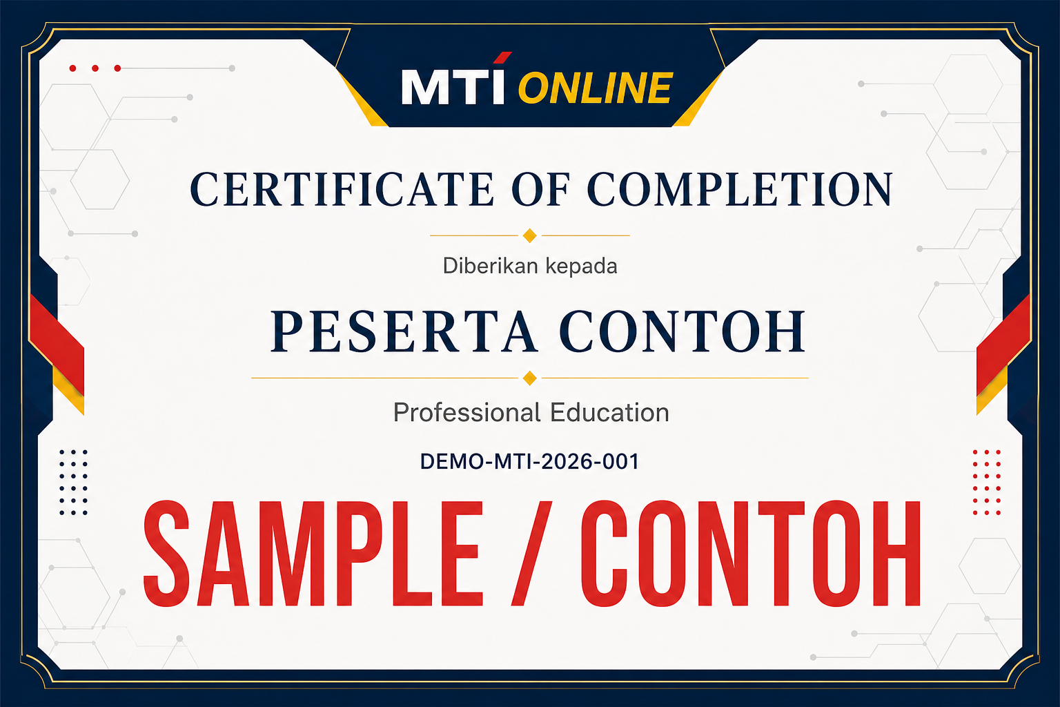 Contoh Certificate of Completion MTI Online dengan watermark Sample